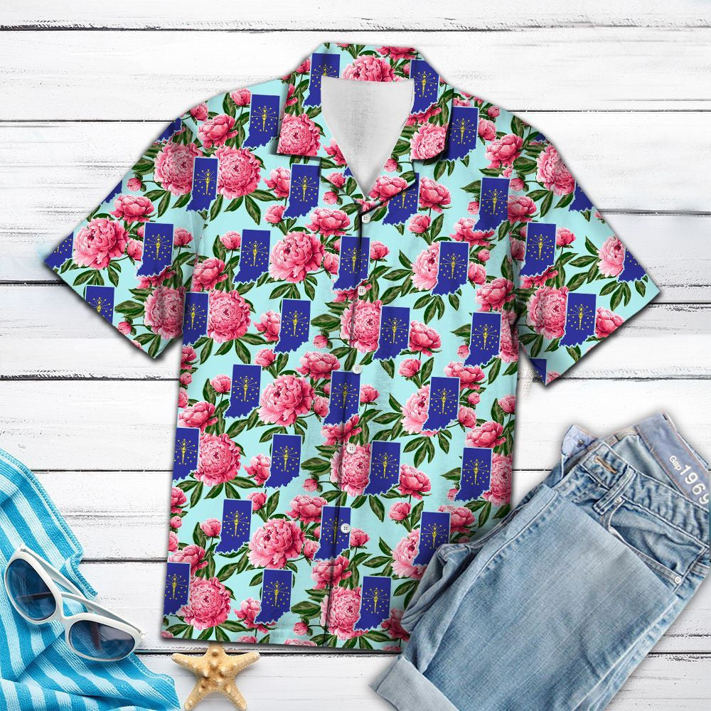 Indiana Flag With Pink Peony Hawaiian Shirt, Hawaiian For Gift