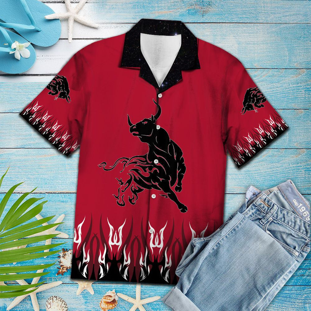 Amazing Bull Tattoo On Red Background Pattern Hawaiian Shirt, Hawaiian Shirt Gift, Christmas Gift