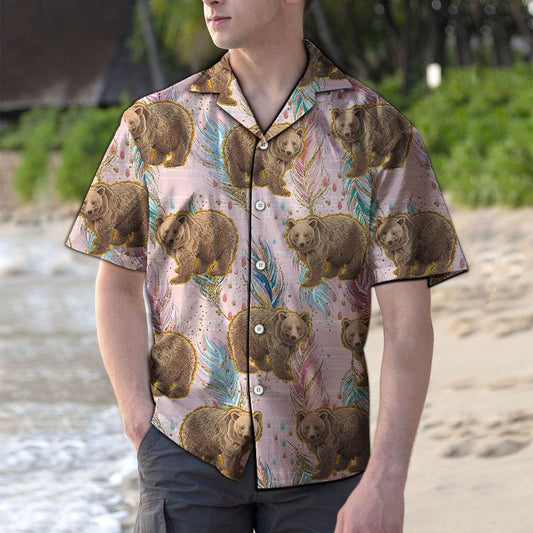 Cartoon Brown Bear Boho Feather On Pink Pattern Hawaiian Shirt, Hawaiian Shirt Gift, Christmas Gift