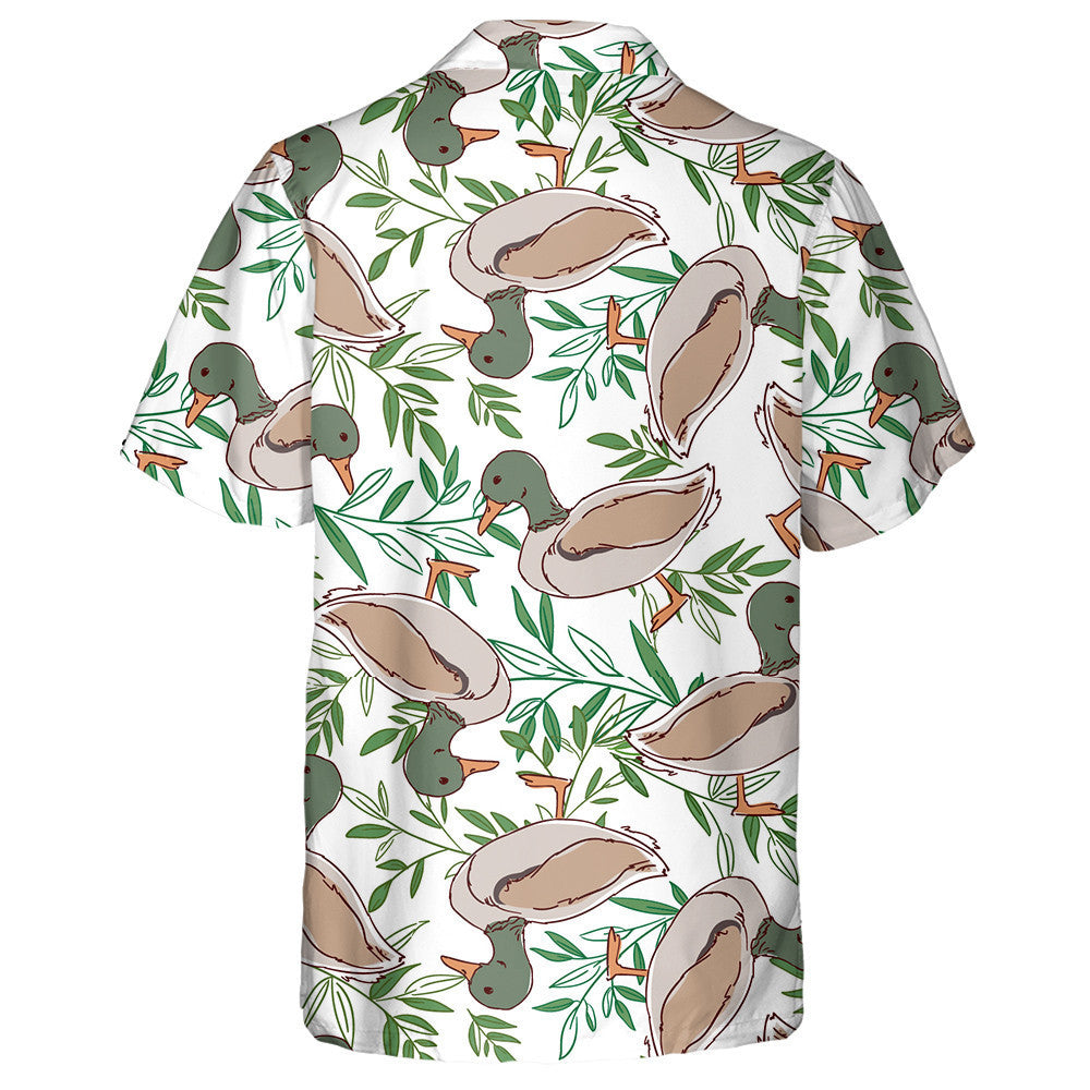 Cartoon Duck And Leaves On White Hawaiian Shirt, Hawaiian For Gift