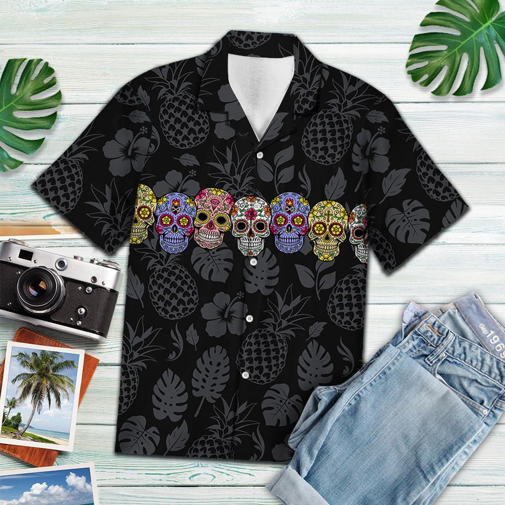 Sweet Sugar Skull With Gray Pineapple And Tropical Leaves Hawaiian Shirt, Hawaiian Shirt Gift, Christmas Gift