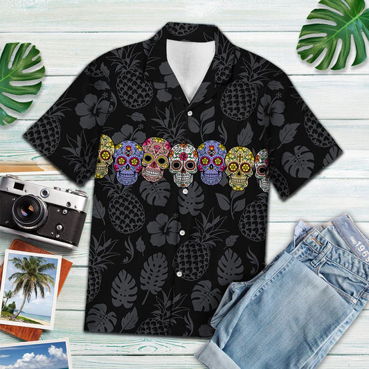 Sweet Sugar Skull With Gray Pineapple And Tropical Leaves Hawaiian Shirt, Hawaiian Shirt Gift, Christmas Gift