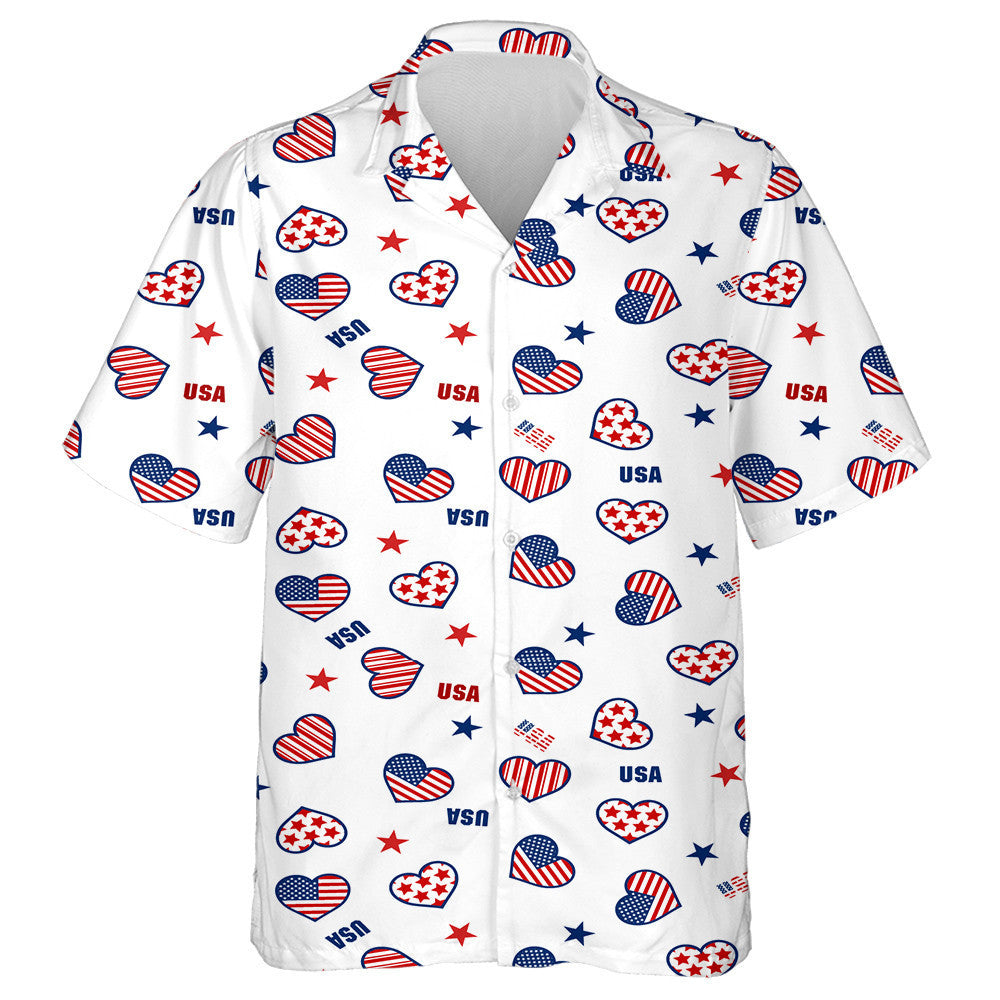 Patriotic Star And Heart Shape American Flag Pattern Hawaiian Shirt, Hawaiian Shirt Gift, Christmas Gift