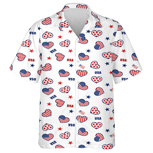 Patriotic Star And Heart Shape American Flag Pattern Hawaiian Shirt, Hawaiian Shirt Gift, Christmas Gift