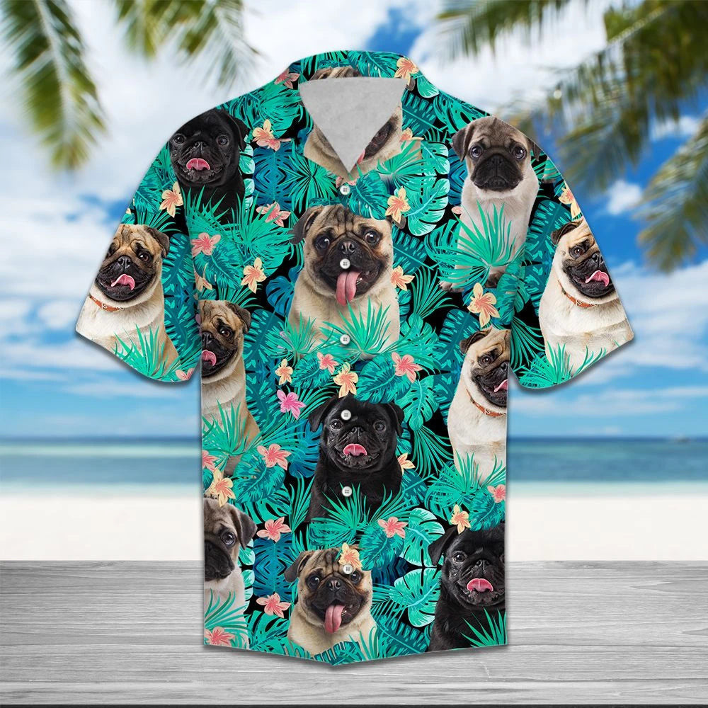 Cute Pug Tropical Palm Leaves Summer Vacation Themed Hawaiian Shirt, Hawaiian Shirt Gift, Christmas Gift