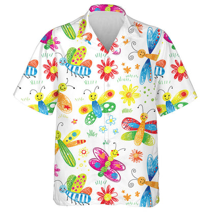 Theme Cute Hand Drawn Kids Doodle Butterfly Hawaiian Shirt, Hawaiian Shirt Gift, Christmas Gift