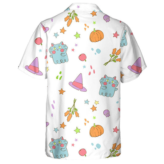 Halloween Witch Hat Ghost Cat And Autumn Flowers Hawaiian Shirt, Hawaiian Shirt Gift, Christmas Gift