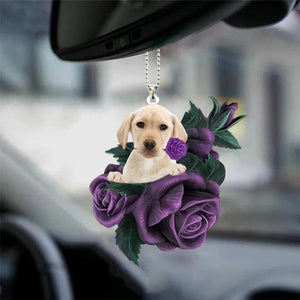 Yellow Labrador In Purple Rose Car Hanging Ornament, Christmas Decoration