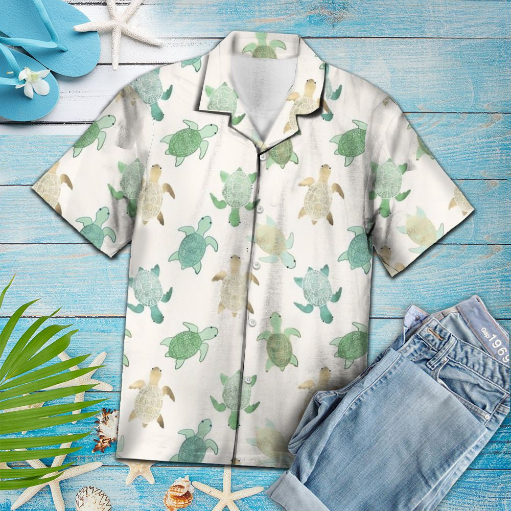 Watercolor Green And Brown Sea Turtle In White Hawaiian Shirt, Hawaiian Shirt Gift, Christmas Gift