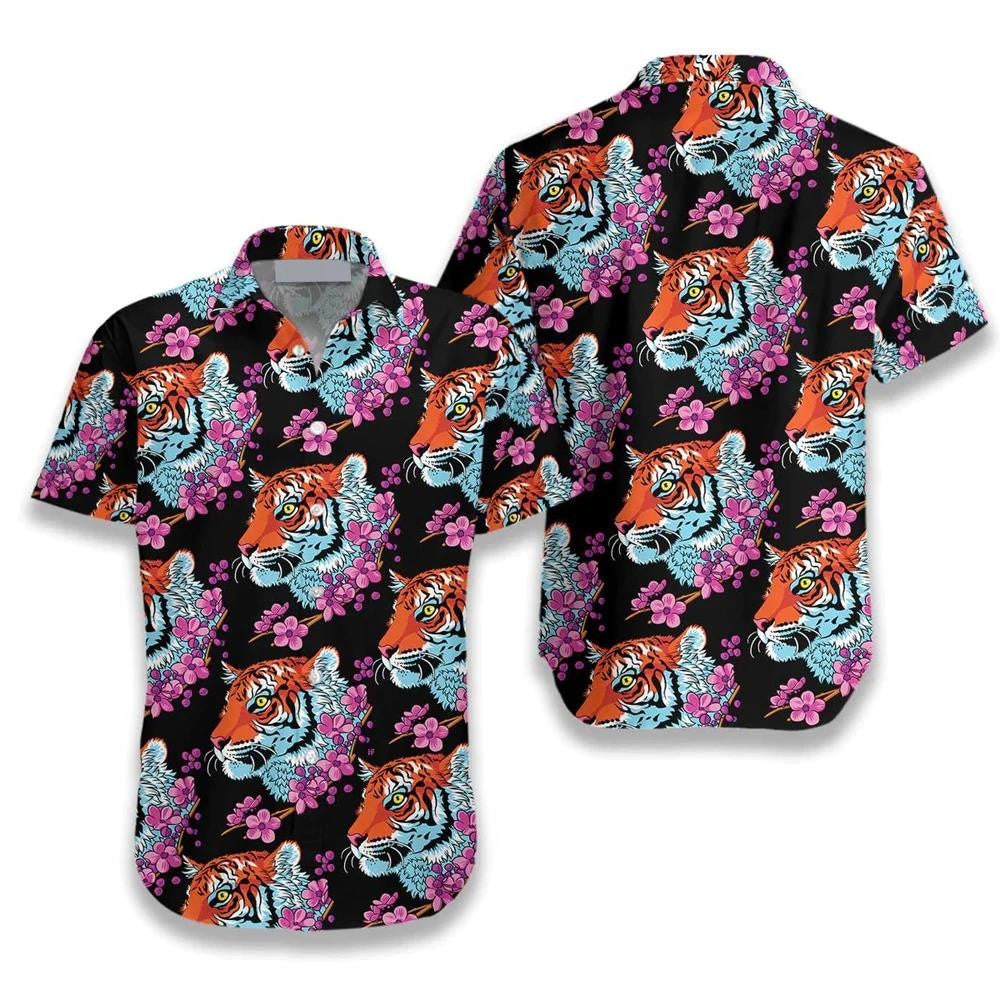 Tiger Flower Art On Black Background Hawaiian Shirt,Hawaiian Shirt Gift, Christmas Gift