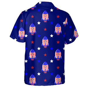 Amazing American Rocket And Stars On Dark Blue Background Hawaiian Shirt, Hawaiian Shirt Gift, Christmas Gift