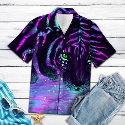Dark Light Neon Purple Tiger Skin Themed Hawaiian Shirt, Hawaiian Shirt Gift, Christmas Gift