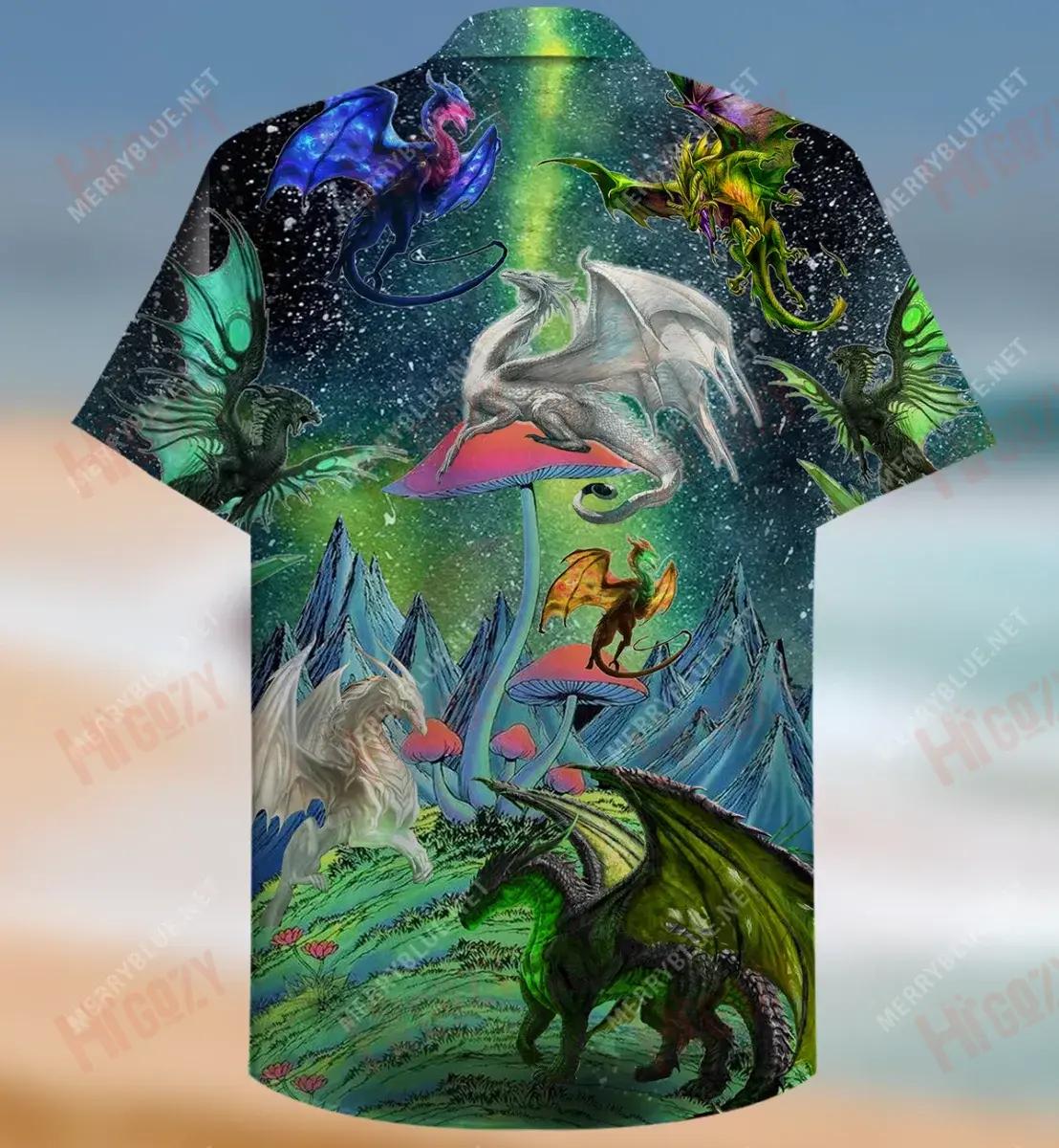 Dragons In Northern Lights Unisex Short Hawaiian Shirt Vacation Hawaiian T Shirts Best Hawaiian Shirts Crazy Shirts Hawaii, Hawaiian Shirt Gift, Christmas Gift
