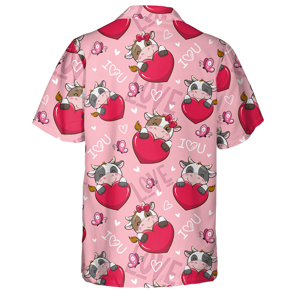 Cute Cartoon Valentine Love Cow And Big Heart Hawaiian Shirt, Hawaiian Shirt Gift, Christmas Gift
