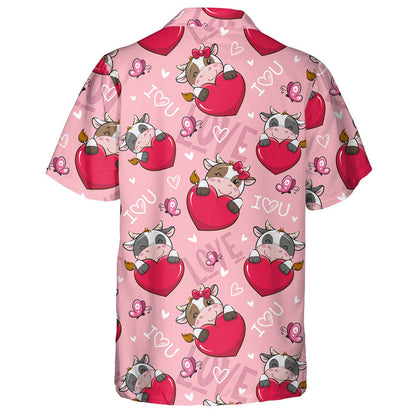 Cute Cartoon Valentine Love Cow And Big Heart Hawaiian Shirt, Hawaiian Shirt Gift, Christmas Gift