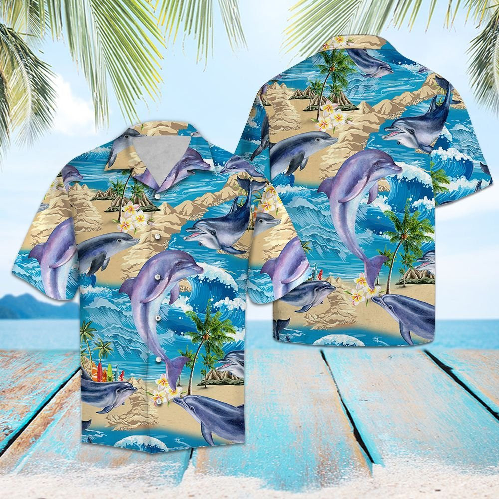 Awesome Dolphin Summer Vacation Ocean Wave Pattern Hawaiian Shirt, Hawaiian Shirt Gift, Christmas Gift