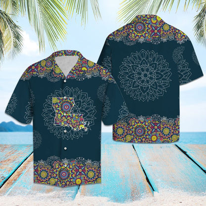 Blue Background Louisiana Map Mandala Flower Patchwork Pattern Hawaiian Shirt, Hawaiian Shirt Gift, Christmas Gift
