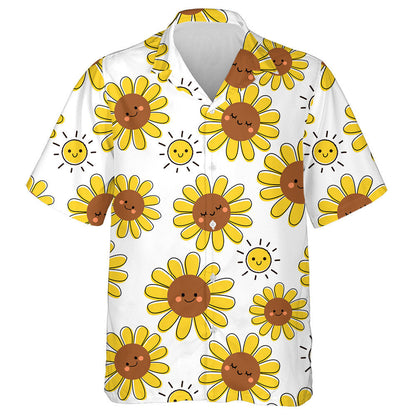 Happy Childish Cartoon Smiling Sun And Sunflower Pattern Hawaiian Shirt, Hawaiian Shirt Gift, Christmas Gift