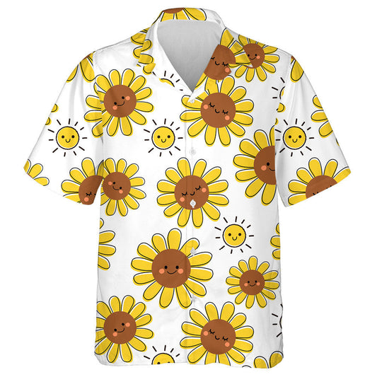 Happy Childish Cartoon Smiling Sun And Sunflower Pattern Hawaiian Shirt, Hawaiian Shirt Gift, Christmas Gift