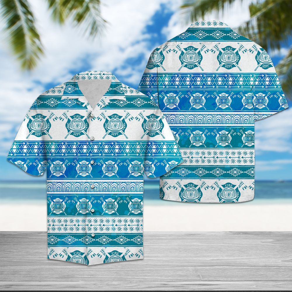 Blue And White Border Of Firefighter Feather Pattern Hawaiian Shirt, Hawaiian Shirt Gift, Christmas Gift