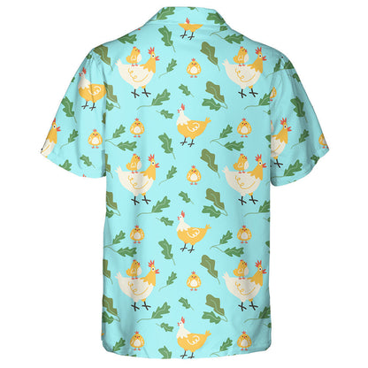 Cute Chickens Hens And Plants On Blue Background Hawaiian Shirt, Hawaiian Shirt Gift, Christmas Gift