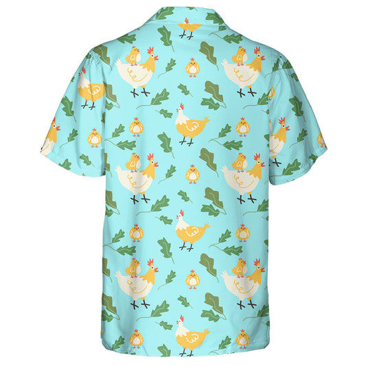 Cute Chickens Hens And Plants On Blue Background Hawaiian Shirt, Hawaiian Shirt Gift, Christmas Gift
