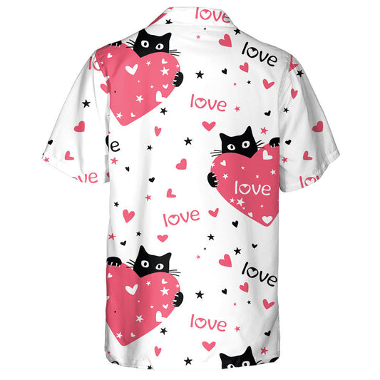 Cute Black Cats And Hearts For Love Day Hawaiian Shirt, Hawaiian Shirt Gift, Christmas Gift