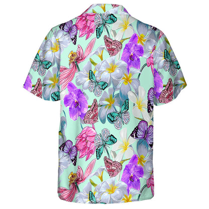 Hand Drawn Exotic Butterflies And Tropical Pink Lotus Hawaiian Shirt, Hawaiian Shirt Gift, Christmas Gift