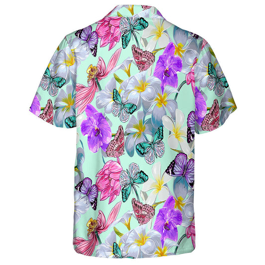 Hand Drawn Exotic Butterflies And Tropical Pink Lotus Hawaiian Shirt, Hawaiian Shirt Gift, Christmas Gift