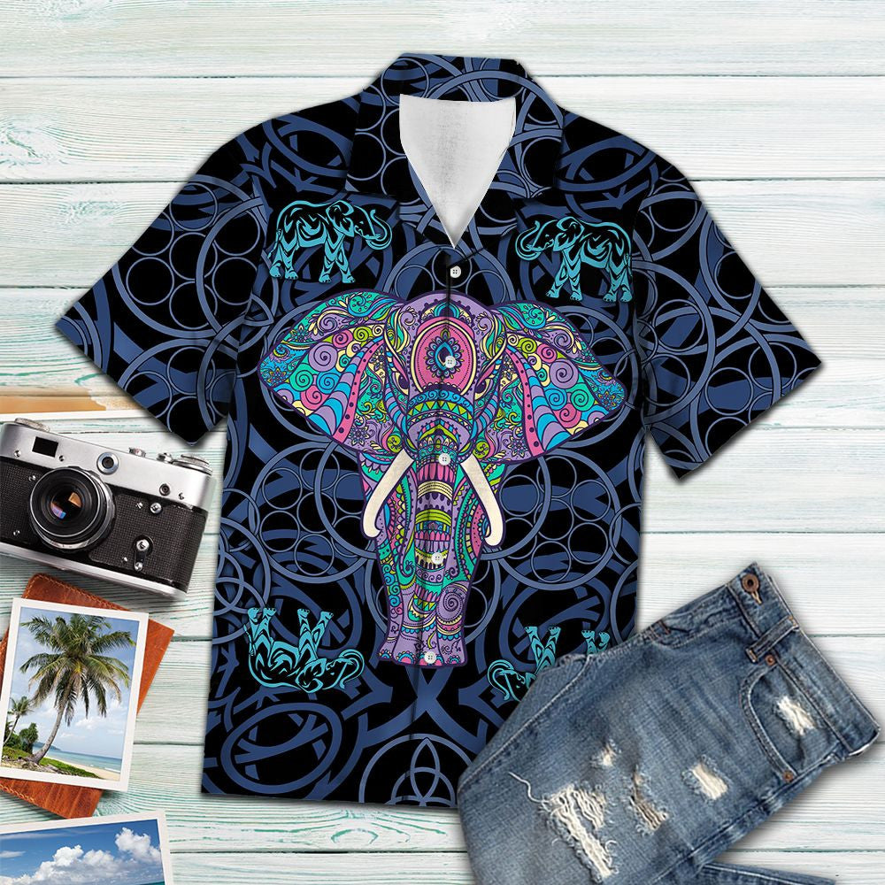 Hippie Colorful Elephant Blue Mandala Circle Pattern Hawaiian Shirt, Hawaiian Shirt Gift, Christmas Gift