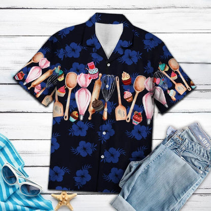 Baking Items On Black And Navy Hibiscus Pattern Hawaiian Shirt, Hawaiian Shirt Gift, Christmas Gift