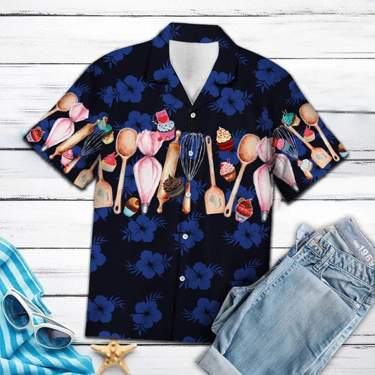 Baking Items On Black And Navy Hibiscus Pattern Hawaiian Shirt, Hawaiian Shirt Gift, Christmas Gift
