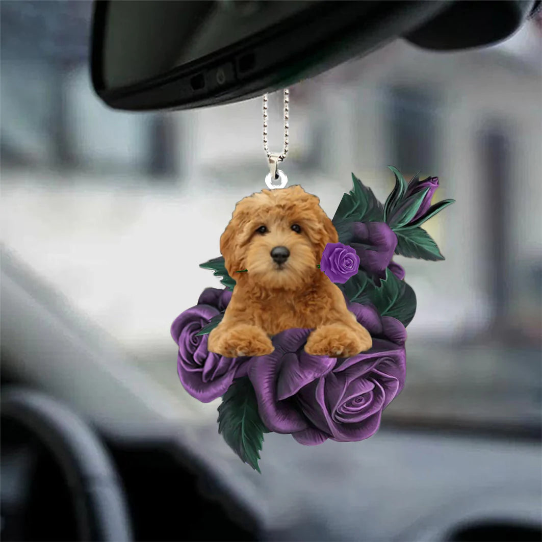 Goldendoodle In Purple Rose Car Hanging Ornament, Cute Dog Car Hanging Accessories,Christmas Gift,Christmas Decoration