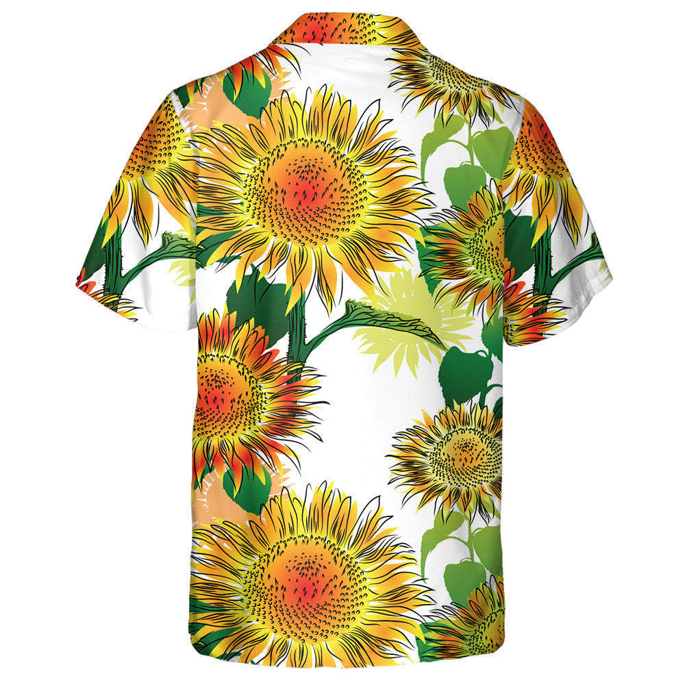 Burnt Yellow And Orange Sunflower And Leaves Drawing Pattern Hawaiian Shirt, Hawaiian Shirt Gift, Christmas Gift