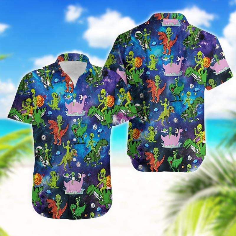 Hippie Trippy Alien Riding Dinosaur Tie Dye Hawaiian Shirt, Hawaiian Shirt Gift, Christmas Gift