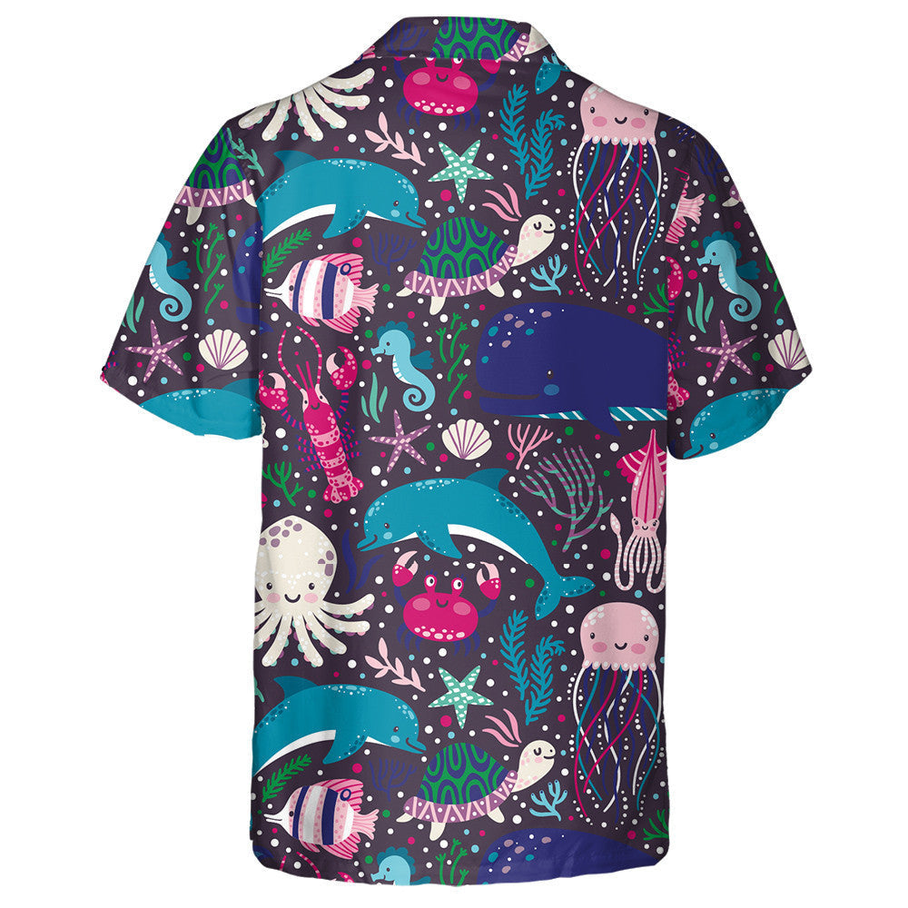 Cartoon Underwater Creatures Fishes Coral Reef Seaweed Pattern Hawaiian Shirt, Hawaiian Shirt Gift, Christmas Gift