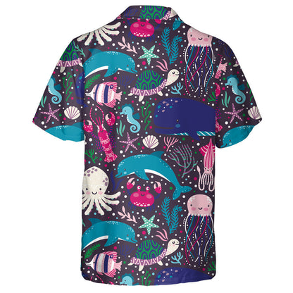 Cartoon Underwater Creatures Fishes Coral Reef Seaweed Pattern Hawaiian Shirt, Hawaiian Shirt Gift, Christmas Gift