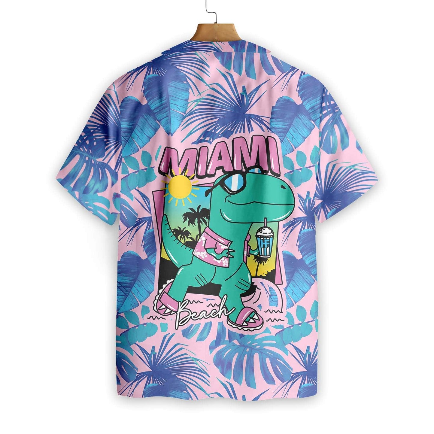 Cool T- Rex Dinosaur Blue Leave Pink Theme Hawaiian Shirt, Hawaiian Shirt Gift, Christmas Gift