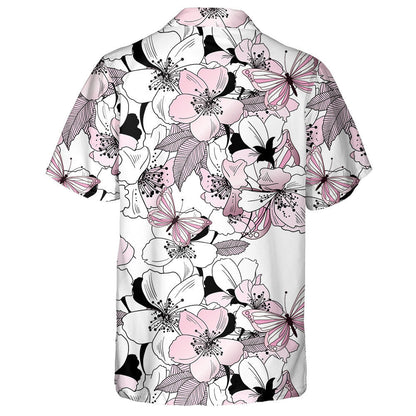 Hand Drawn Flowers Of Cherry And Butterflies Hawaiian Shirt, Hawaiian Shirt Gift, Christmas Gift