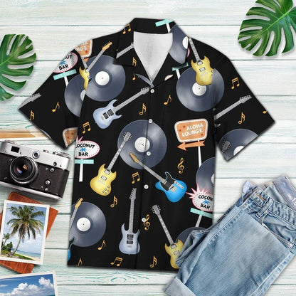 Vintage Style Vinyl Rock And Roll Black Background Hawaiian Shirt, Hawaiian Shirt Gift, Christmas Gift