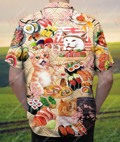 Sushi And Cats Make Me Happy Unisex Hawaiian Shirt Ocean Short Sleeve Best Hawaiian Shirts Hawaiian Shirts For Men, Hawaiian Shirt Gift, Christmas Gift