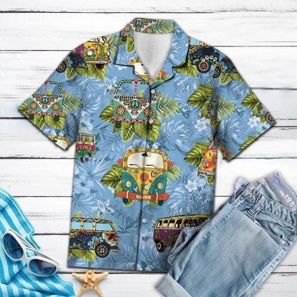 Deluxe Tropical Hippie Bus Mix Blue Theme Hawaiian Shirt, Hawaiian Shirt Gift, Christmas Gift