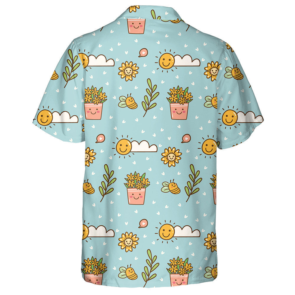 Happy Summer Day With Cartoon Sunflowers Sun And Bees Hawaiian Shirt, Hawaiian Shirt Gift, Christmas Gift