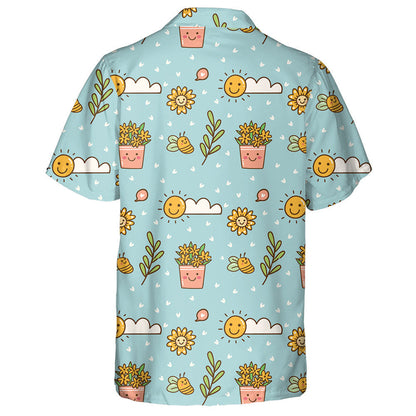 Happy Summer Day With Cartoon Sunflowers Sun And Bees Hawaiian Shirt, Hawaiian Shirt Gift, Christmas Gift