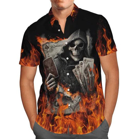 Flaming Golden Poker Skull With Playing Card Pattern Hawaiian Shirt, Hawaiian Shirt Gift, Christmas Gift