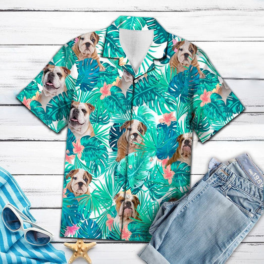 Bulldog Among Tropical Leaves And Flowers Hawaiian Shirt, Hawaiian For Gift