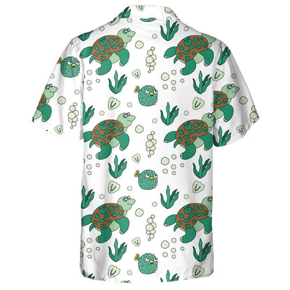 Sea Turtle And Puffer Fish Green Shades Of Color Hawaiian Shirt, Hawaiian Shirt Gift, Christmas Gift