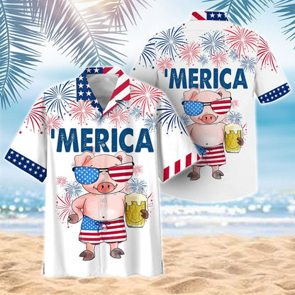 Cute Merica Pink Pig Design Hawaiian Shirt,Hawaiian Shirt Gift, Christmas Gift