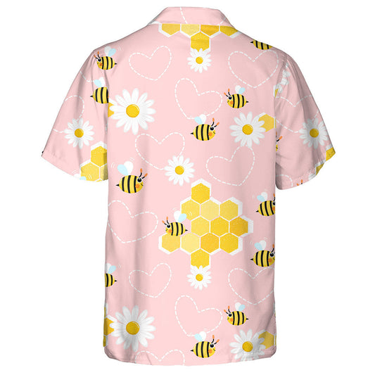 Bees In Daisy Flower Garden On Pink Background Hawaiian Shirt, Hawaiian Shirt Gift, Christmas Gift