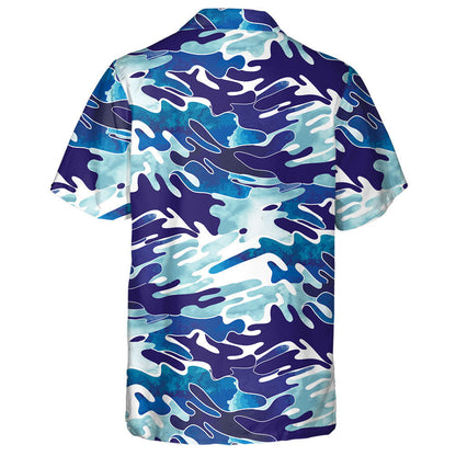 Modern Watercolor Aqua Blue Camo Monochrome Pattern Hawaiian Shirt, Hawaiian Shirt Gift, Christmas Gift